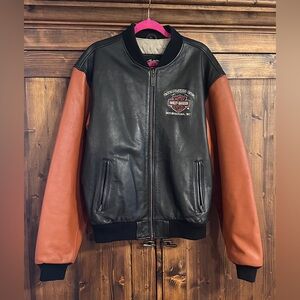 Harley-Davidson Black Leather Jacket with Orange and White Embroidery